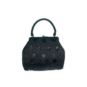 Vintage 1950s Black Raffia Purse Top Handle Large Handbag